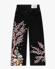 American Retro Patchwork Knight Cherry Blossom Denim Pants Y2k Vintage Baggy Straight Wide Leg Jeans Street Clothes