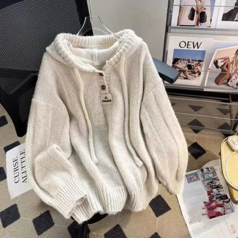 Pullovers Hooded Plus Velvet Thickening Button Design Tender Knitted Sweater All-match Casual Students Chic