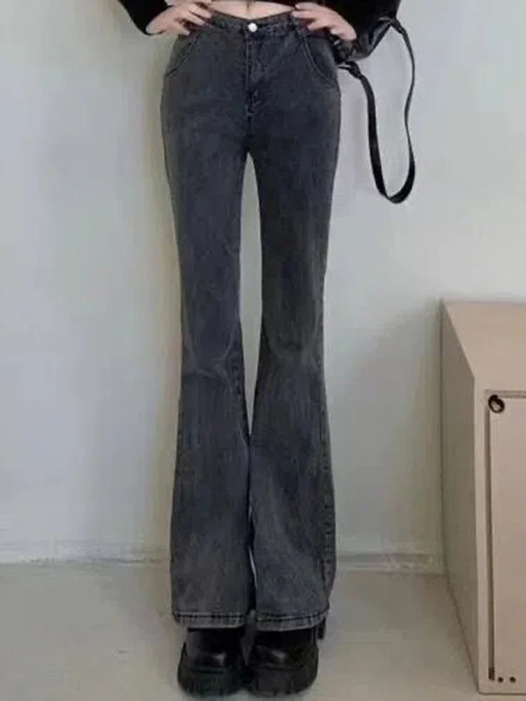 Korean Flare Jeans Girls High Waist Elastic Boot Cut Pants Lady Vintage Blue Black Gray Brown Denim Bell Bottom Trousers