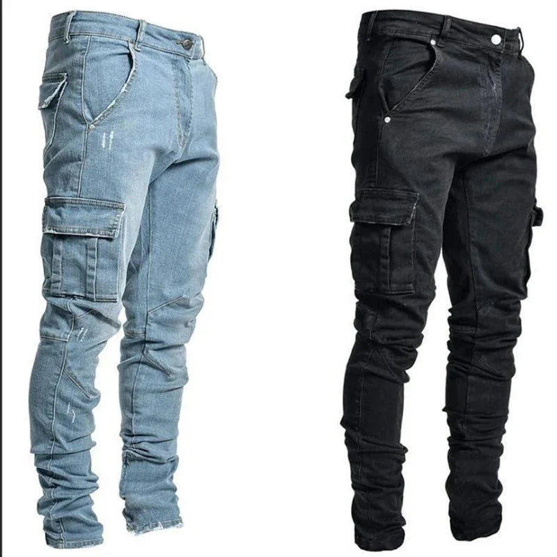 Street Elastic Denim Jeans Wash Solid Color Multi Pockets Cargo Pants Casual Slim Fit Daily Wear Joggers Mid Waist Trousers