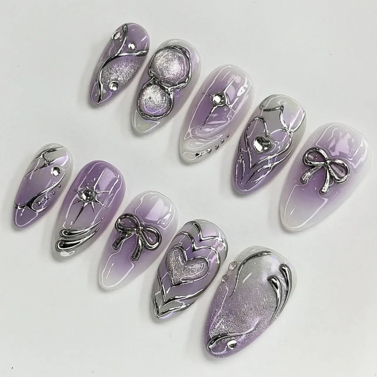 24Pcs Mid-length Almond Ballet False Nails Simple Cat Eye Design Press on Fake Nail Wearable Full Cover Nail Tips Manicure Tools