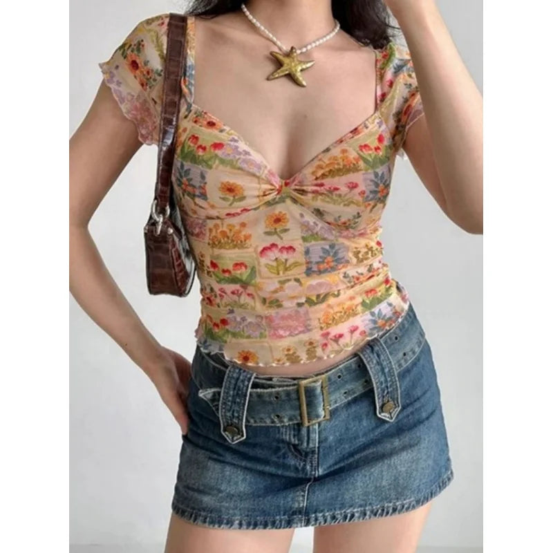 Floral Print Mesh Slim Fit Crop Top Deep Neck Short Sleeve T-Shirt Spicy Girl Top