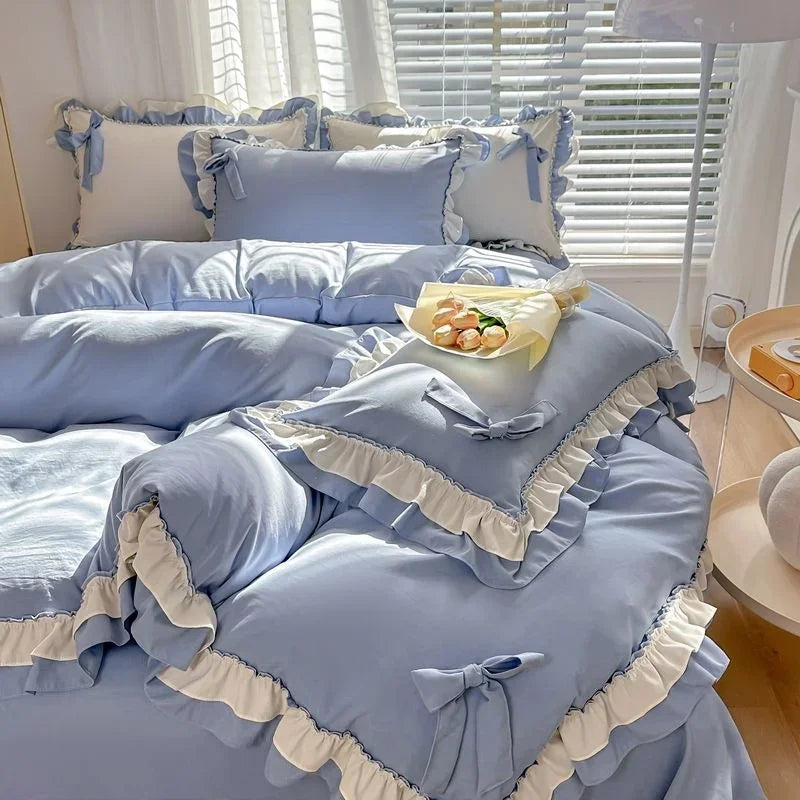Green Princess Bedding Set Double Layer Lace Bow Quilt Cover Sheet
