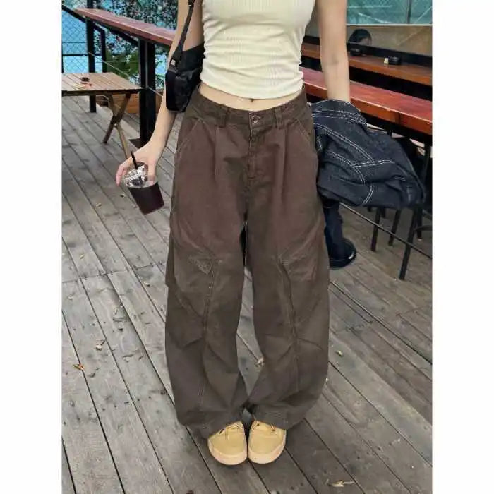 Washed Cotton Cargo Pants Loose Wide Leg Street Dance Long Trousers Multi Pocket Workwear High Waist Casual Pants