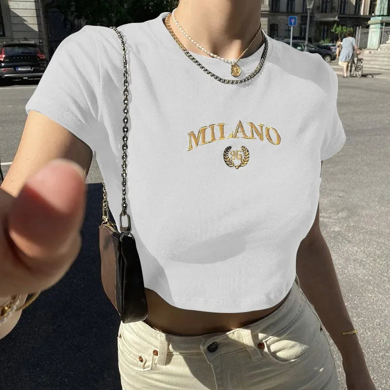 T-shirt Clothese Short Sleeve Black Crop Top Harajuku Letter Embroidery T Shirt O-Neck Cropped Tops