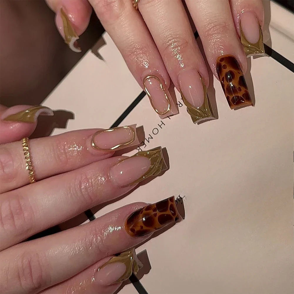 24Pcs Long Coffin Leopard Print False Nails with Glue Sweet Cool Diamond Fake Nail Set Floral French Press on Wearable Nail Tips