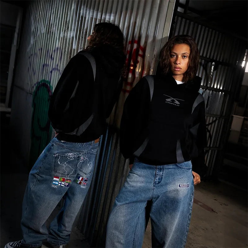 Y2K Washed Loose Jeans Vintage World Map Embroidery Multi Country Flag Patch Wide Leg Jeans Casual Streetwear