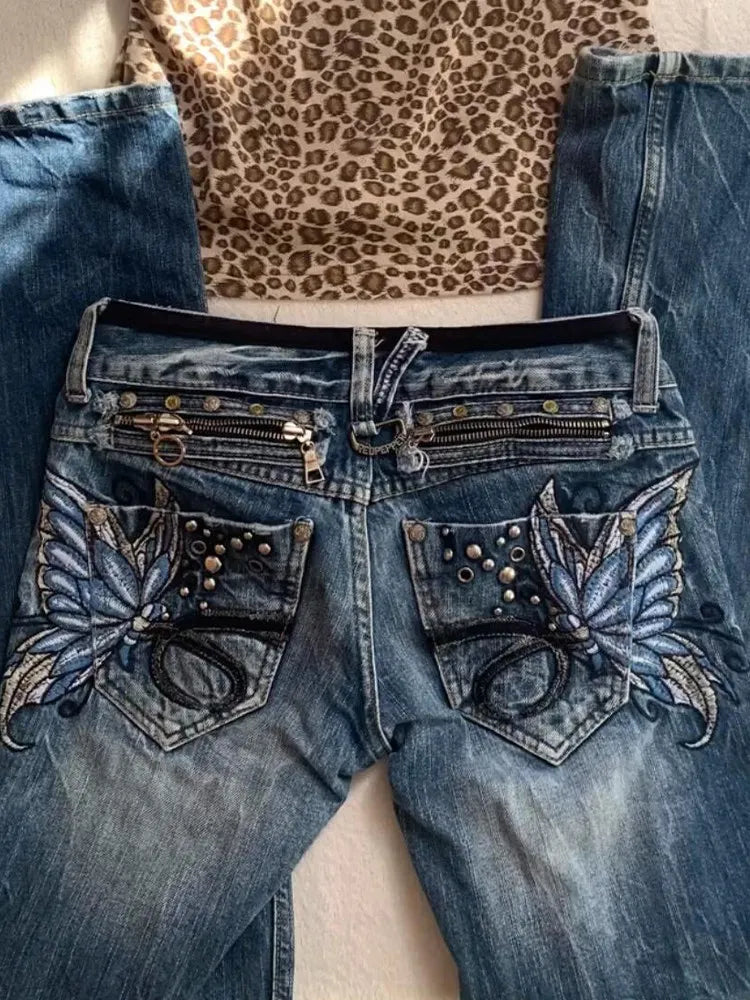American High Street Large Size Butterfly Embroidered Jeans Y2K Millennium Harajuku Slim Flared Jeans
