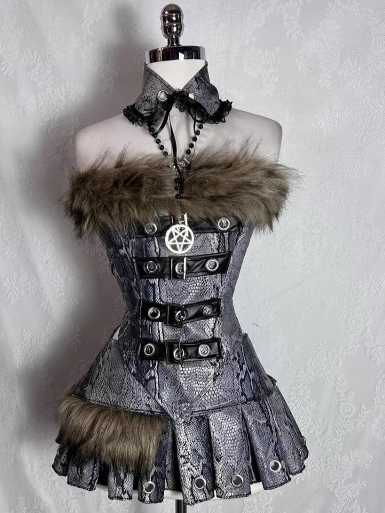 Gothic Retro Fur Trim Corset Design Suit Y2k Slim Lolita Elegant 2 Piece Sets Korea Style Chic Outfits