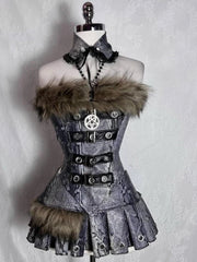 Gothic Retro Fur Trim Corset Design Suit Y2k Slim Lolita Elegant 2 Piece Sets Korea Style Chic Outfits