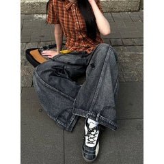 Black Jeans Vintage High Waisted Cargo Jeans Straight Casual Loose Big Size Wide Leg Denim Baggy Pants Y2K