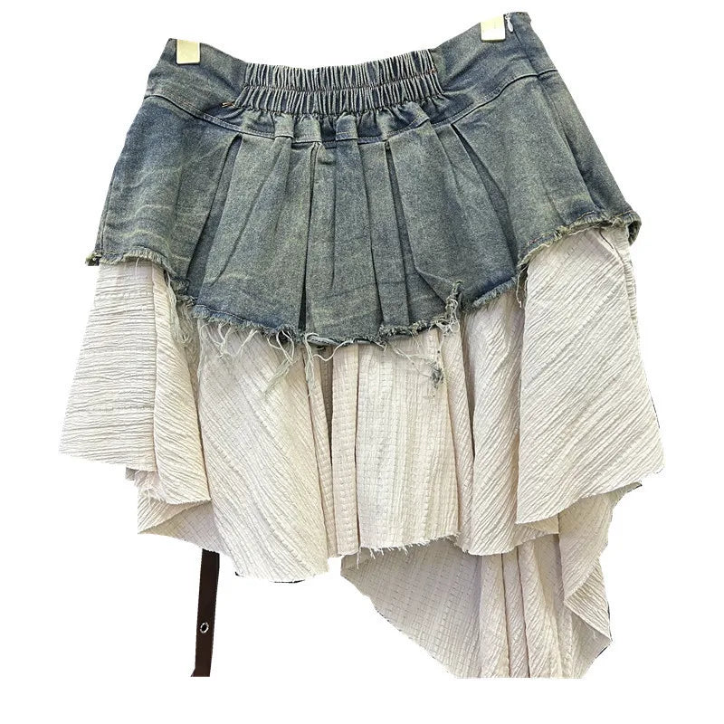 Retro Spliced Denim Pleated Skirt