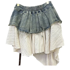 Retro Spliced Denim Pleated Skirt