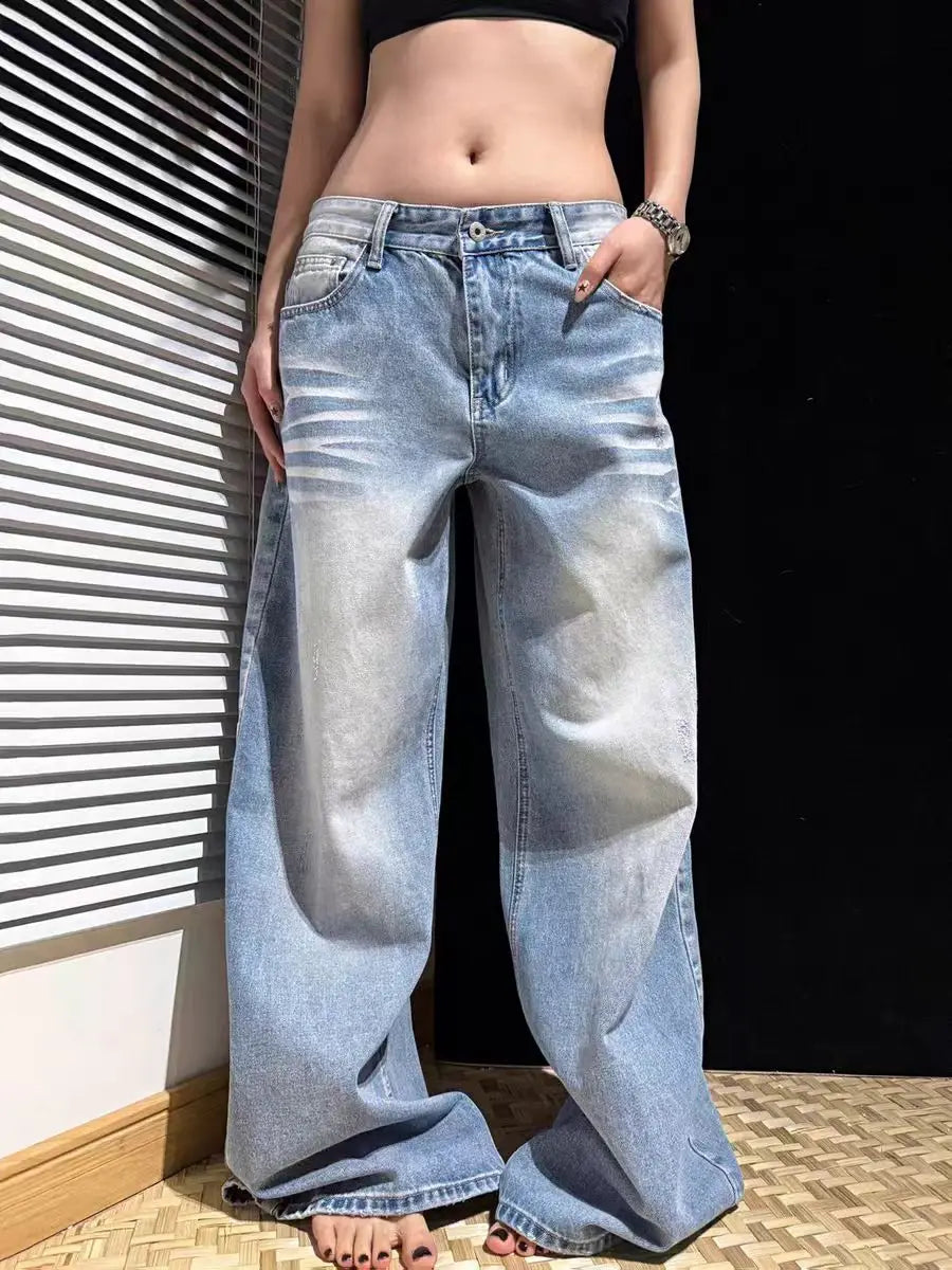 Retro Cross Rivet American Oversize Jeans Loose Casual Straight Wide Leg Jeans