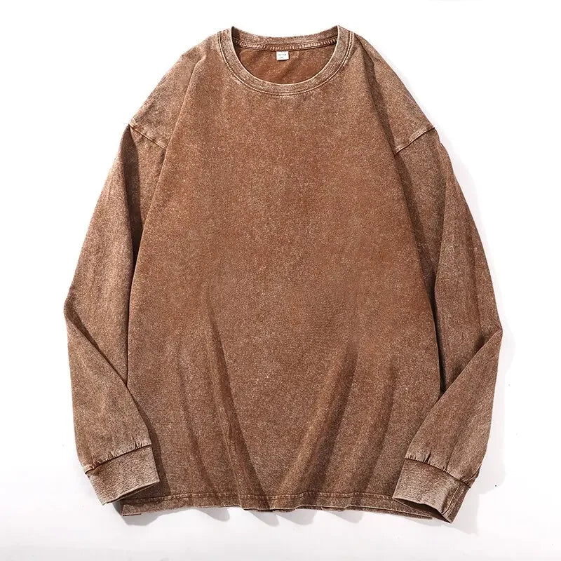 Plus Size Washed Pure Cotton Long Sleeve T-Shirt European Style Oversized round Neck Big Size