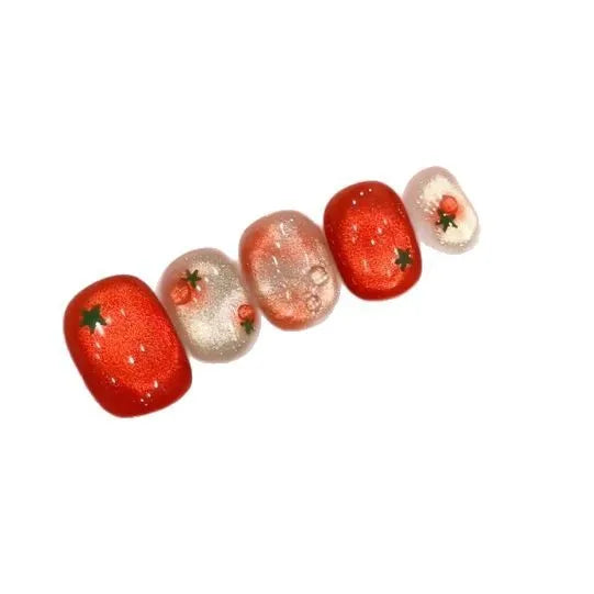 10pcs Festive Red Oval Short Press-On Nails with Cute Tomato Design Glossy Finish Holiday Nail Art Set