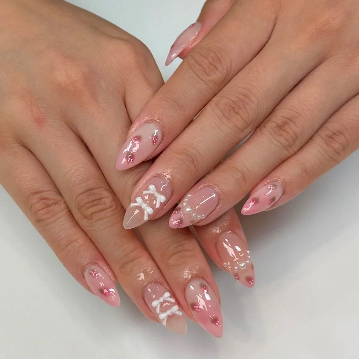 24PCS Wine Red Almond Press on Nails Cartoon Rabbit Bowknot with Plaid Pearl Designs French Fake Nails