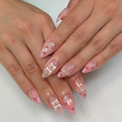 24PCS Wine Red Almond Press on Nails Cartoon Rabbit Bowknot with Plaid Pearl Designs French Fake Nails