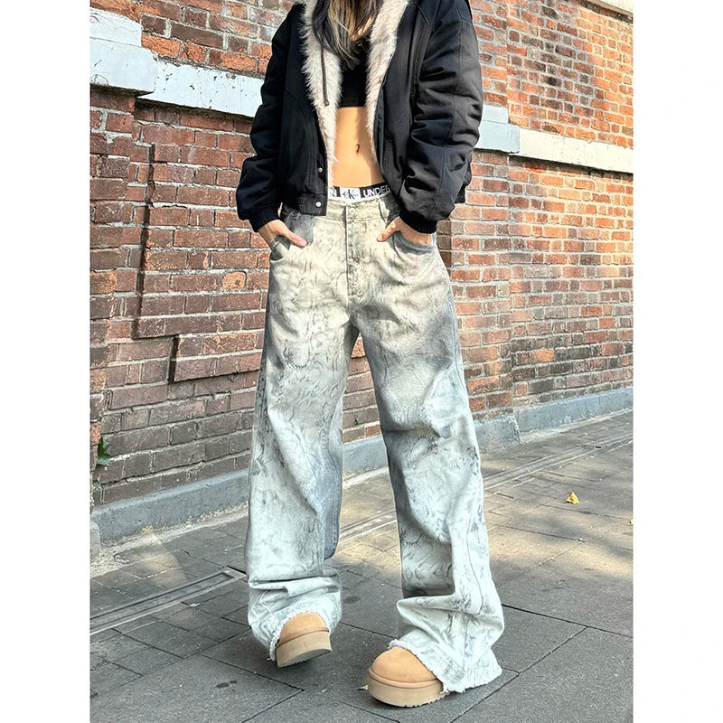 Vintage Emo Loose Washed Pants Casual Harajuku Style Jeans Y2K Wide Leg Punk Baggy Denim Trouser