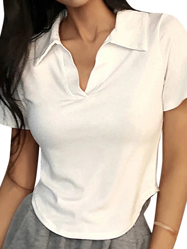 Short Sleeve Lapel Top Solid V-Neck Pullovers Retro Sweet Shirts Girl Crop Top Slim Versatile Tee