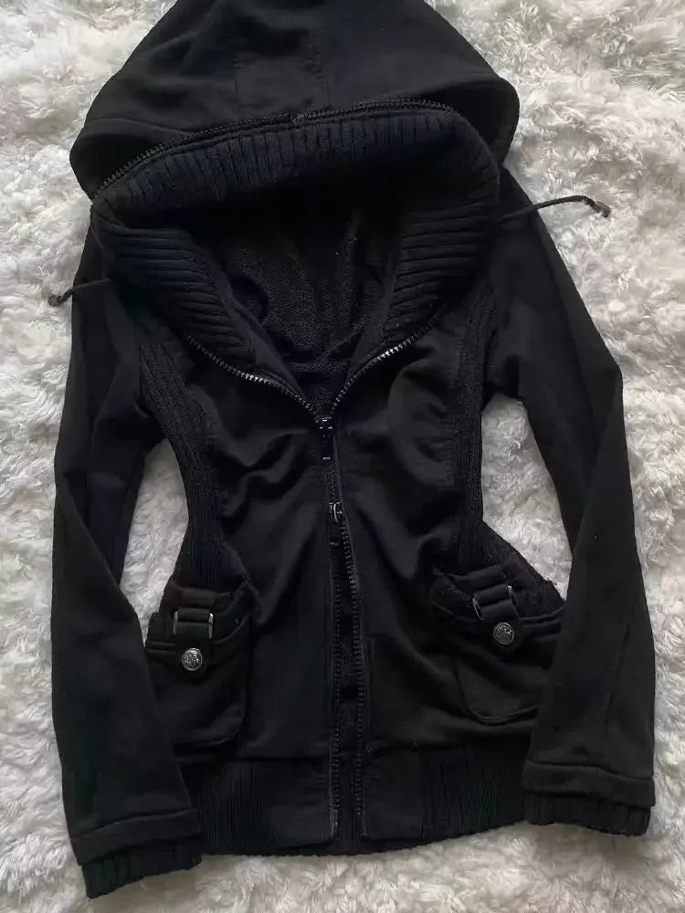 Black Trend Casual Hoodie Retro Gothic Sweatshirts Hip Hop Punk Style Multifunctional High Street Cardigan