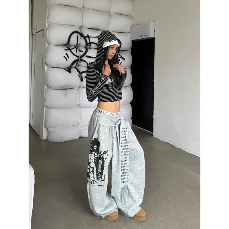 ZHIZOU Gray Gothic Baggy Y2k Letter Print Pants Harajuku 2000s Vintage Oversize Sweatpants Wide Leg Trousers