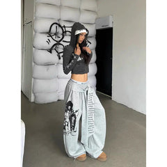 ZHIZOU Gray Gothic Baggy Y2k Letter Print Pants Harajuku 2000s Vintage Oversize Sweatpants Wide Leg Trousers