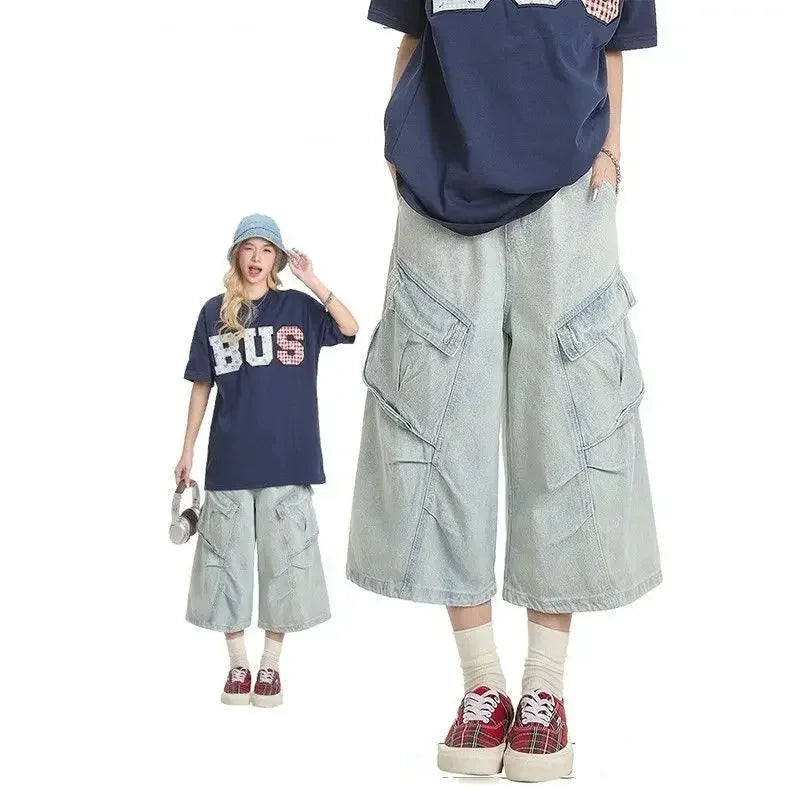 Y2k Style Baggy Denim Shorts Wide Leg Short Pants High Waisted Dark Wash Knee Length Loose Unisex Jeans Casual