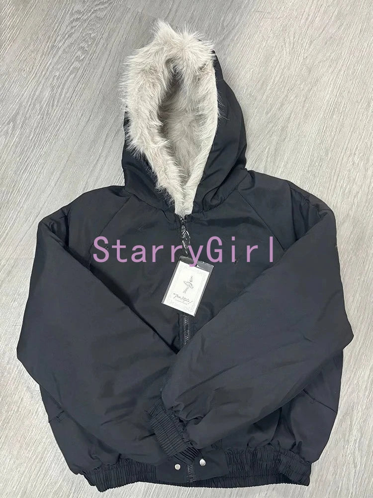 Elegant Liner Fur Loose Coat Y2k Fur Collar Hood Thick Parkas Casual Outerwear Cotton Padded Jackets