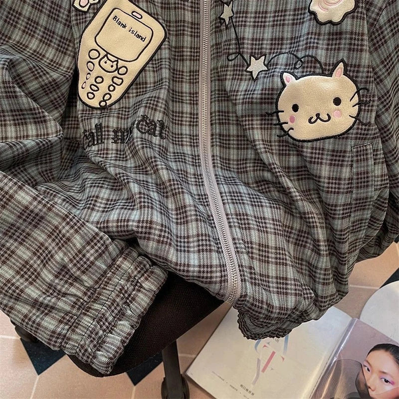 American Sweet Plaid Patchwork Jacket Long Sleeve Fall Zip Loose Coat Harajuku Y2K Casual Lazy Kawaii Street Top