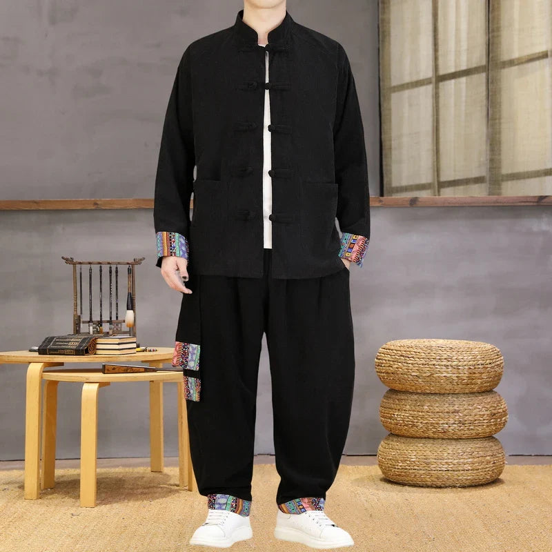 Chinese Style Casual Set Ethnic Two Piece Cotton Comfort Stand Collar Jacket Retro Frog Buttons Cuff Ethnic Print Loose Fit