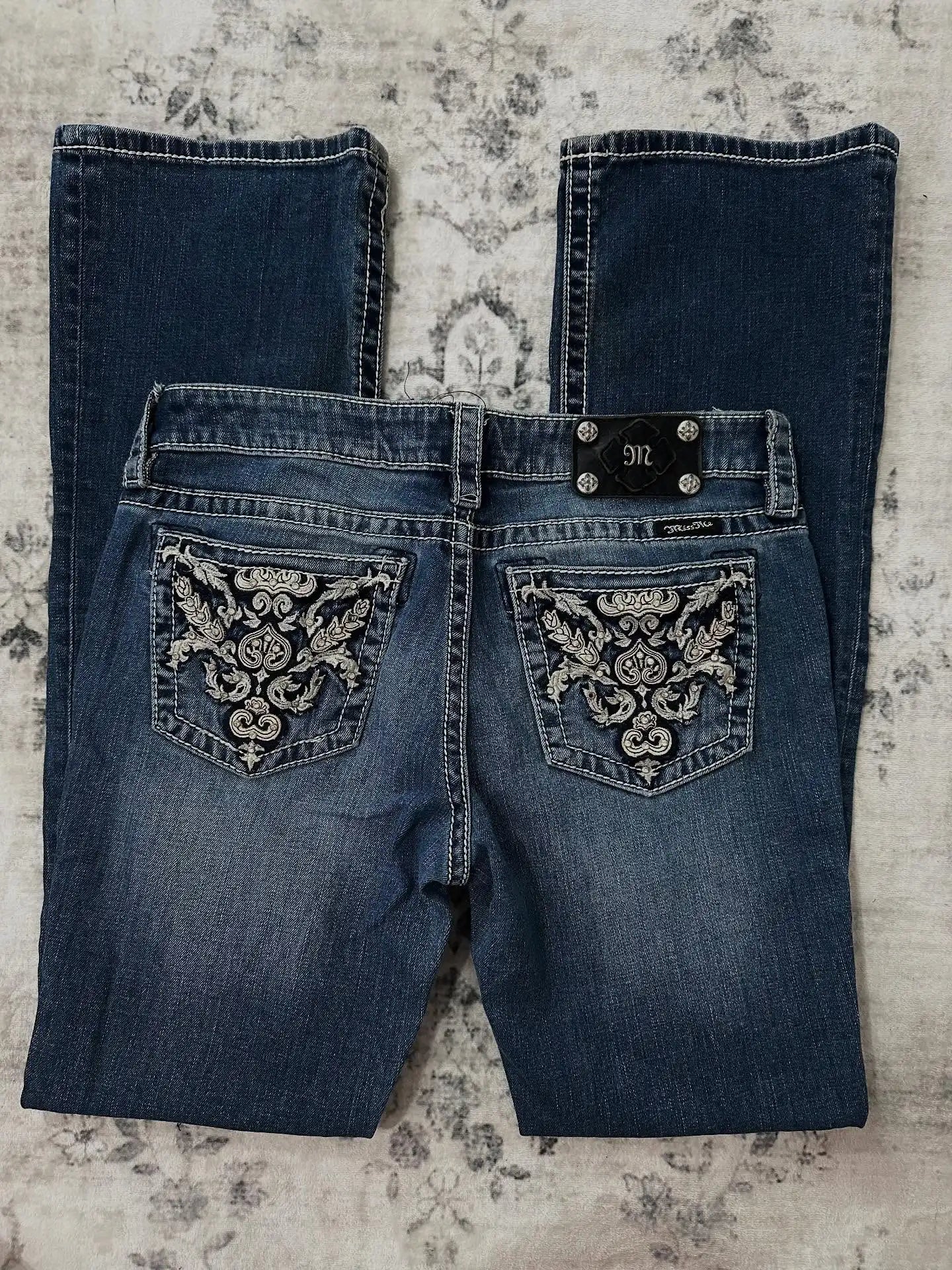 American Y2k Gothic Punk Pocket Embroidered Jeans Harajuku Retro Blue Loose Jeansable High Waist Slimming Wide Leg Pants