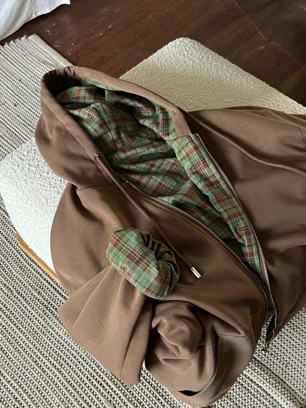 American Retro Brown Checkered Hooded Sweatshirt Casual Cardigan Jacket Trendy Long Sleeved Loose Outwear
