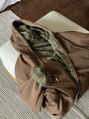 American Retro Brown Checkered Hooded Sweatshirt Casual Cardigan Jacket Trendy Long Sleeved Loose Outwear