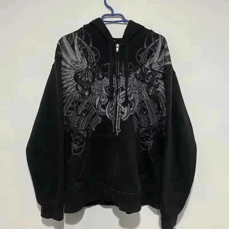 American Retro Rock Gothic Graphic Fur Collar Loose Zipper Sweatshirt Y2K Harajuku Punk Casual Joker Hoodie Streetwear