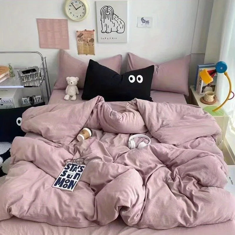 Cute Duvet Cover Set with Sheet Pillowcase No Filler Warm Solid Color Bed Linen Full Queen Size Korean Big Eyes Home Bedding Set
