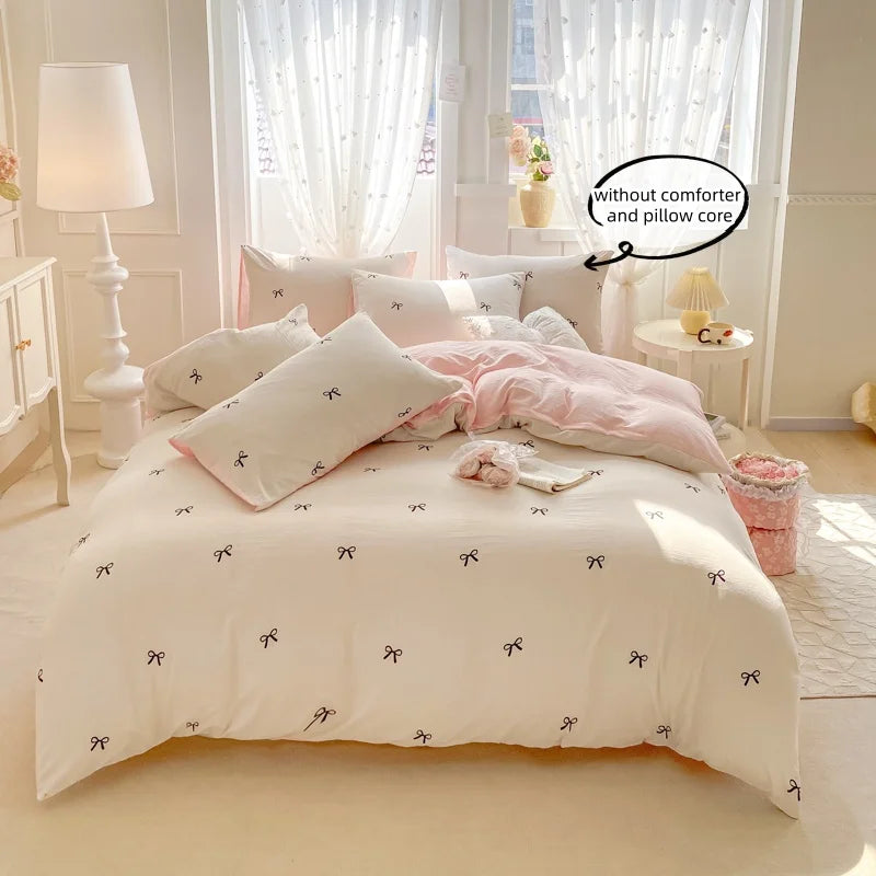3 Piece Sheet Set pink bowknot embroidery duvet cover Set