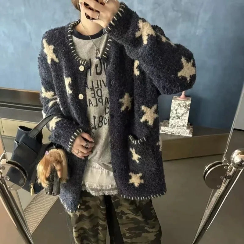 Vintage Star Knitted Cardigan Harajuku Print Sweater Outerwears Korean Long Sleeve Knitwears Ladies Casual Jumpers