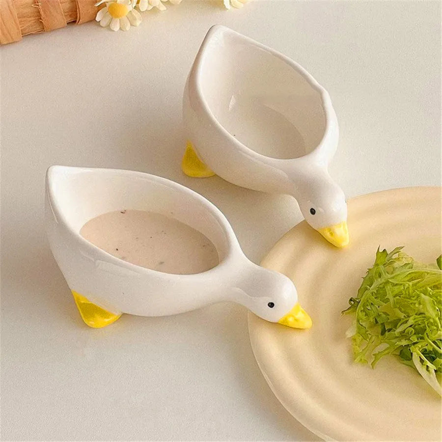 2pcs ceramic duck seasoning dish, salad dipping dish, cream mini bowl, cute design afternoon tea cutlery