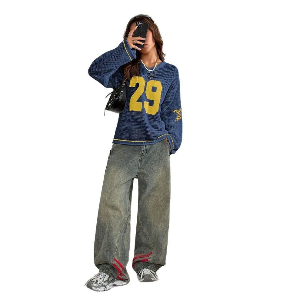 Y2K Style Sports Jersey Knitted Topsable Digital Printed Round Neck Long Sleeve Jumper Street Trend