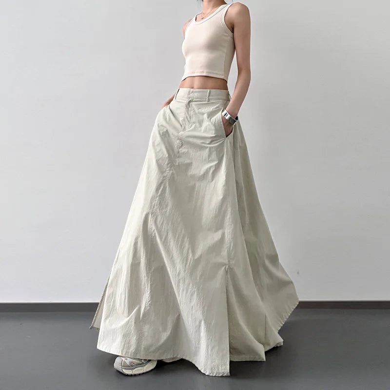Temperament Retro Slit Cargo Skirts High Waist Streetwear Midi Skirts Y2K Chic Hip All Match Folds A Line Skirt