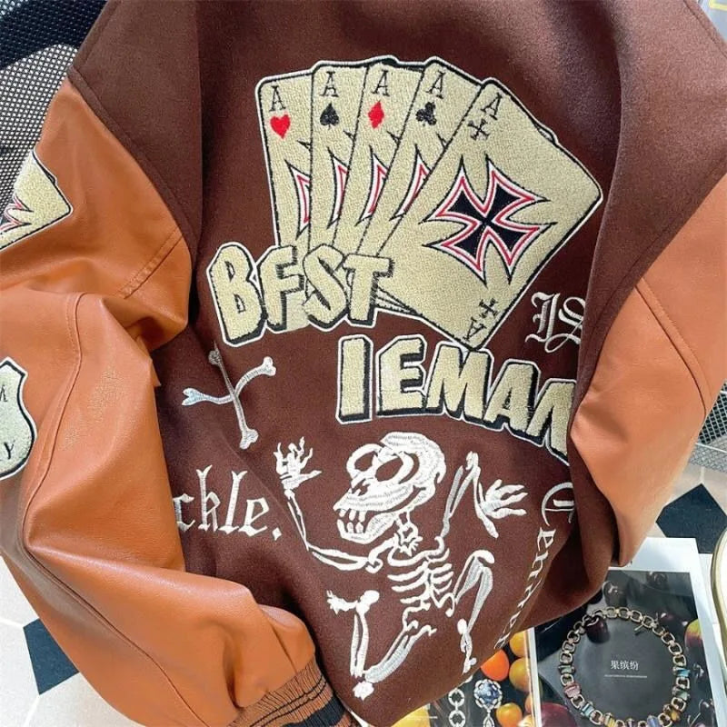 American Retro Letter Flocking Splicing Jacket Y2K High Street Hip-hop Loose Tooling Baseball Uniform Jacket