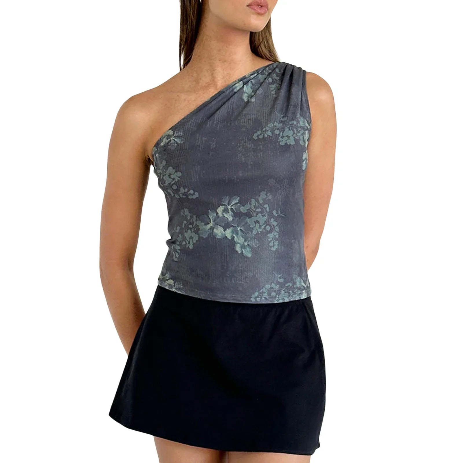 Combhasaki Y2K Vintage Tank Tops Sleeveless Ruched One Shoulder Flower Print Slim Fit Vest