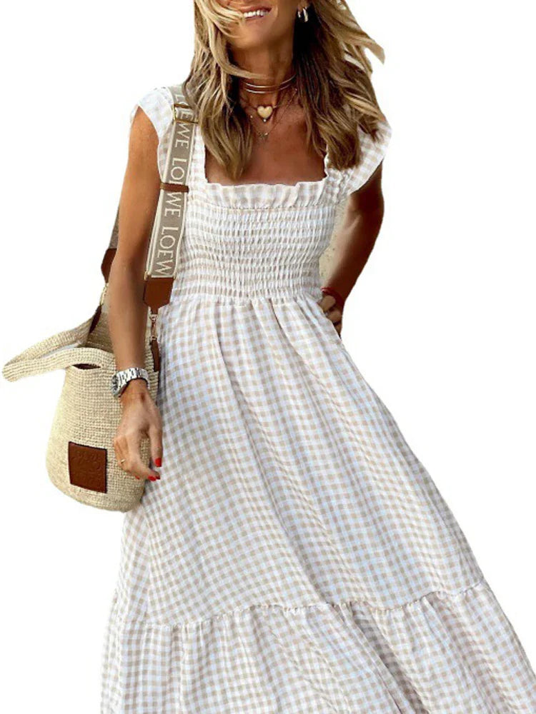 Elegant Plaid Slip Maxi Long Dress Strapless Ruffle Backless Pleated Elastic Waist Boho Party Swing Loose Dresses