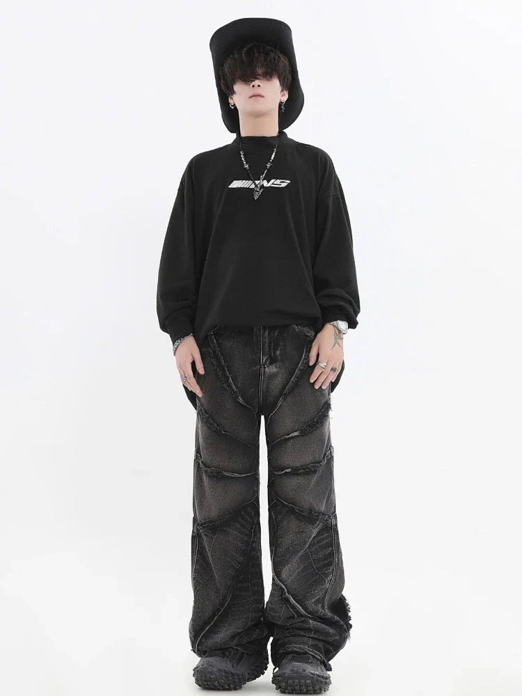 National Tide Couples American Raw Edge Stone Mill Washed Jeans Y2K Gothic Punk Style Loose Straight Tube Make Old Trousers