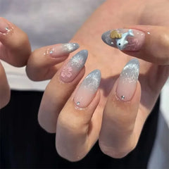 Fish Scale Glitter Powder Long Pointed Fake Nail Shell Pearl Cat Eye Starfish Ripple False Nails Art Charm Press on Nails