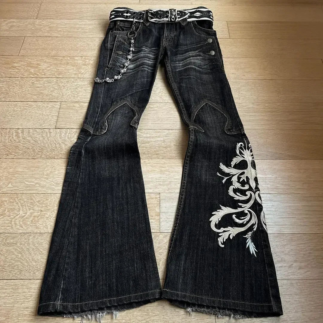 High Waist Harajuku Loose Embroidered Jeans with Rock Punk Style Y2K Micro La Retro Wide Leg Pants