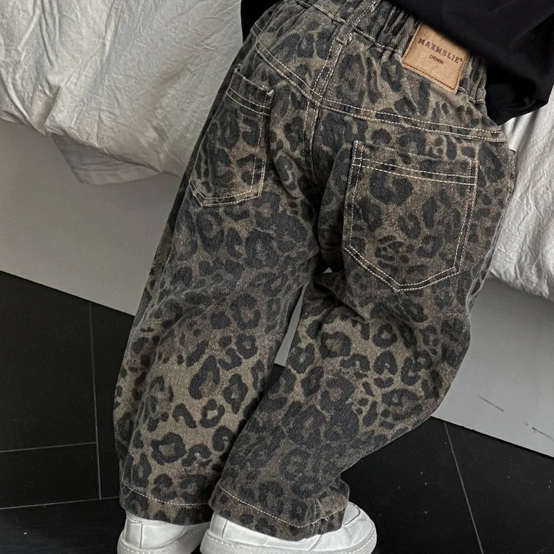 Hip Hop Casual Loose Children's Pants Children's Pure Cotton Leopard Pattern Jeans Trendy Casual Pants
