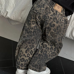 Hip Hop Casual Loose Children's Pants Children's Pure Cotton Leopard Pattern Jeans Trendy Casual Pants