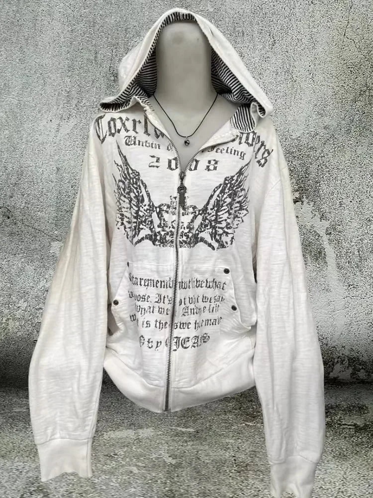 Korean Simple Gray Double Sided Oversized Zipper Hoodie Y2K Harajuku Gothic Casual Joker Couple Sweatshirt